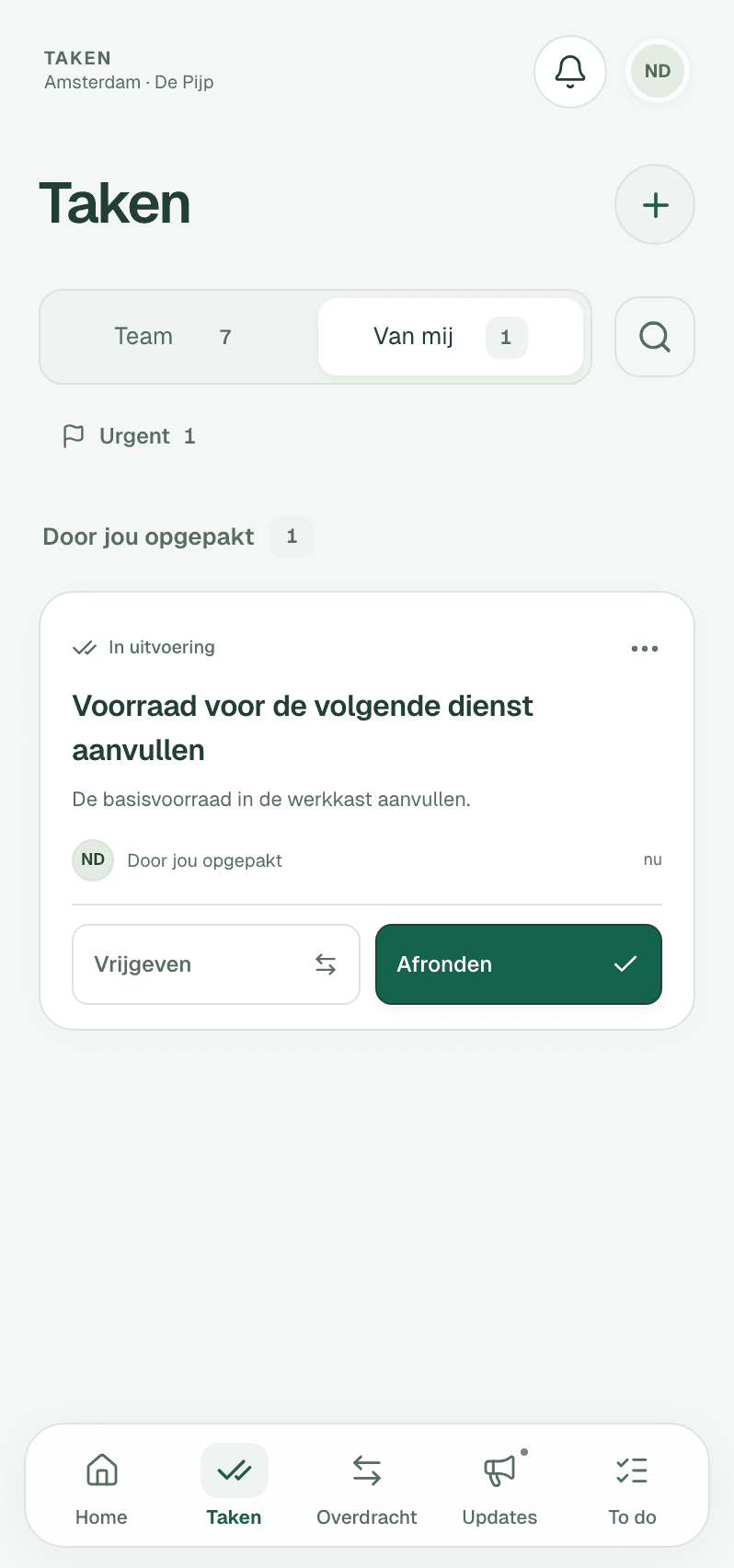 Ortie-scherm: gezamenlijke taken bekijken en een taak afronden